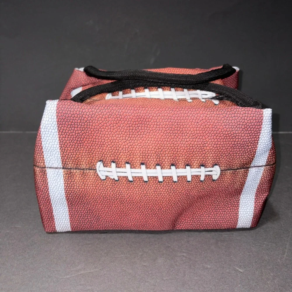 Football Print Insulated Lunch Bag Brown Sports Tailgate Cooler Zippered Case